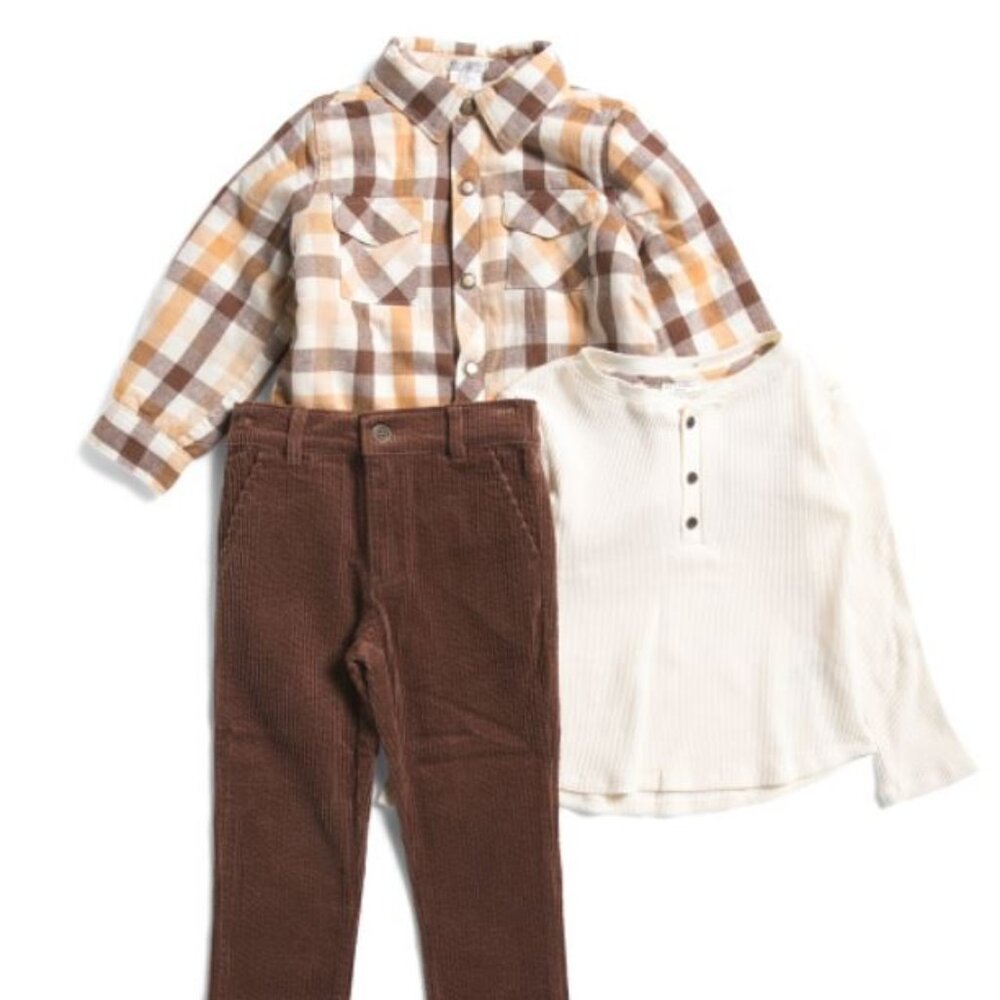 NWT MAX STUDIO Boys 3pc Plaid Shacket Top and Corduroy Pants Set